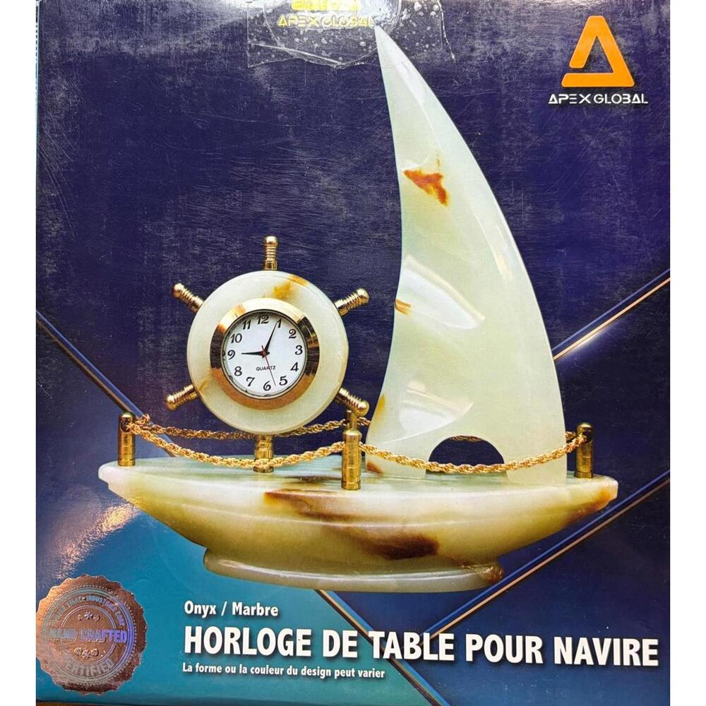Apex Global Ship Table Clock Nautical Onyx Marble Green Gold Handcrafted New